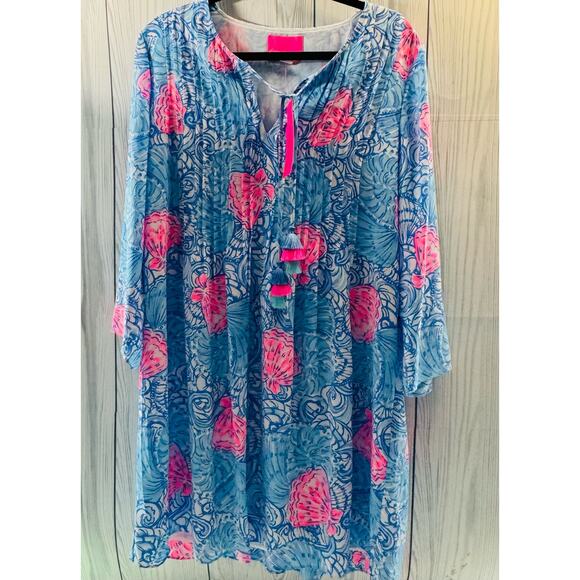 NEW Lily Pulitzer Marlina  Dress Size Large Tassels Blue Haven Raising Shell - Picture 1 of 12